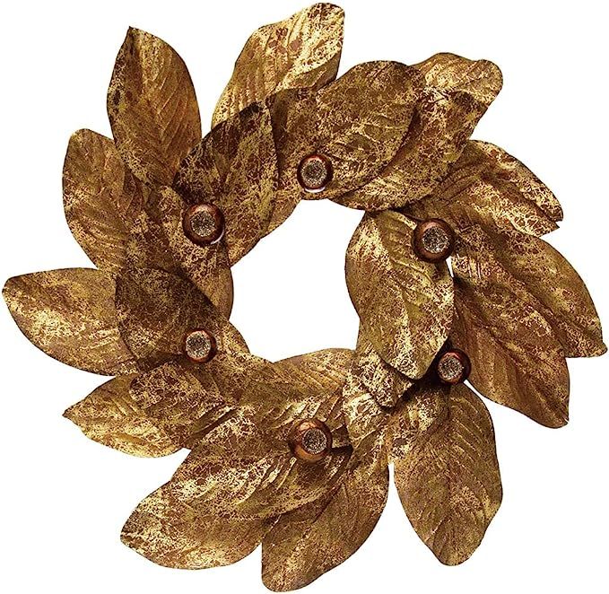 Round Faux Magnolia Leaf Wreath with Berries, Brown and Copper Finish | Amazon (US)
