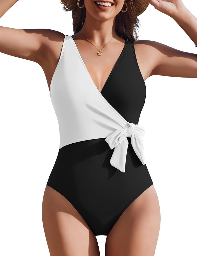 AI'MAGE Womens One Piece Swimsuits V Neck Slimming Bathing Suit Color Block Tie Side Swimwear Tum... | Amazon (US)