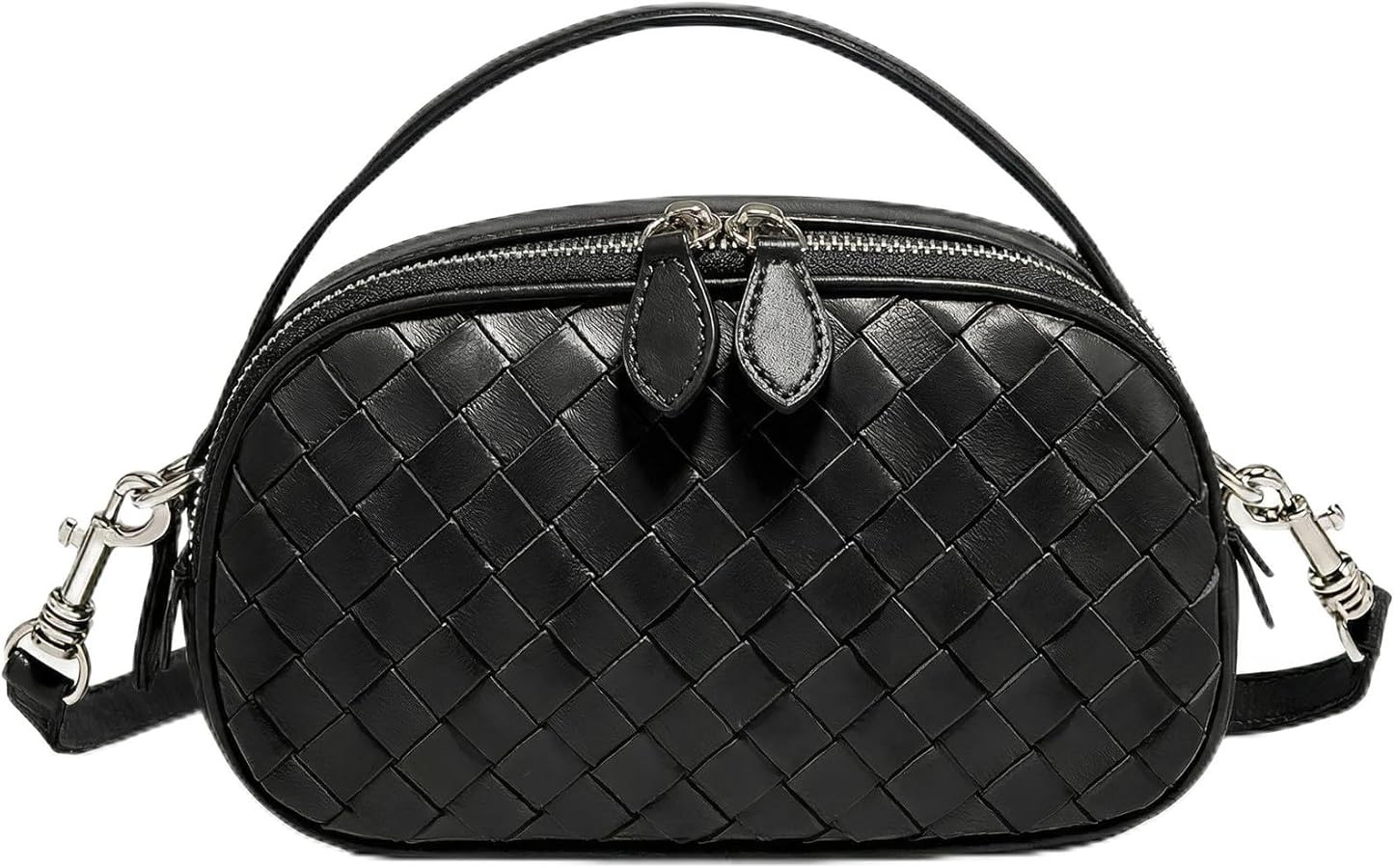 Woven Crossbody Bag for Women – Mini Structured Shoulder Purse, Dual-Zip Braided Leather-Feel Handbag | Amazon (US)
