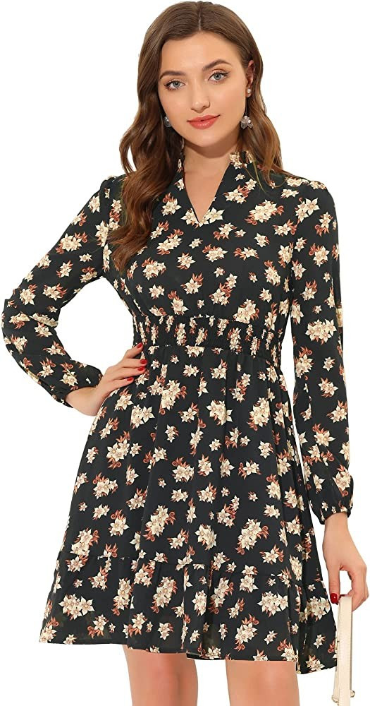 Allegra K Long Sleeve Floral Dresses for Women's V Neck Above Knee Smocked Waist Dress | Amazon (US)