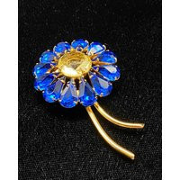 Blue Rhinestone Flower Brooch Gold Tone Setting, Yellow Center Stone | Etsy (US)