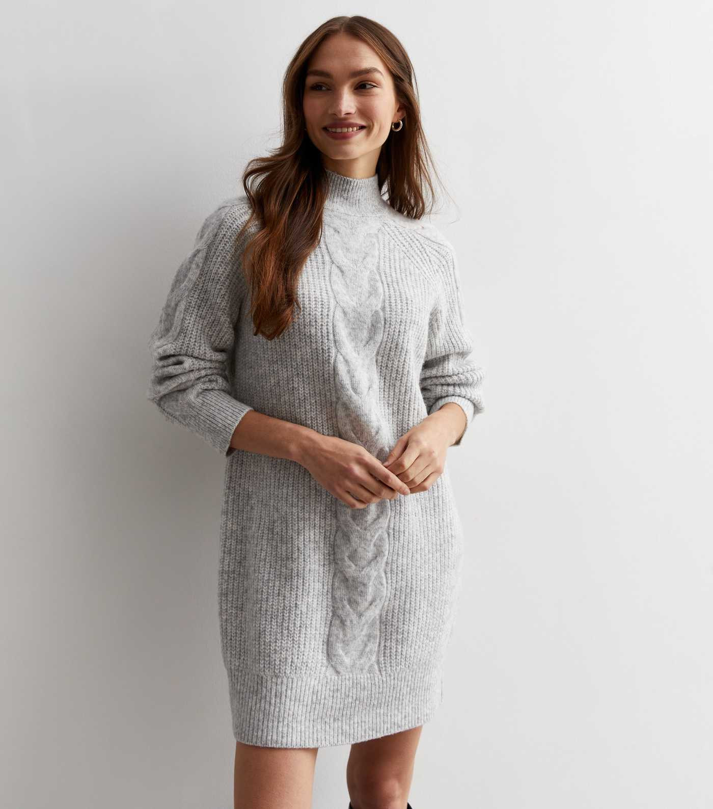 Pale Grey Stitch Knit Cable Front High Neck Mini Dress | New Look | New Look (UK)