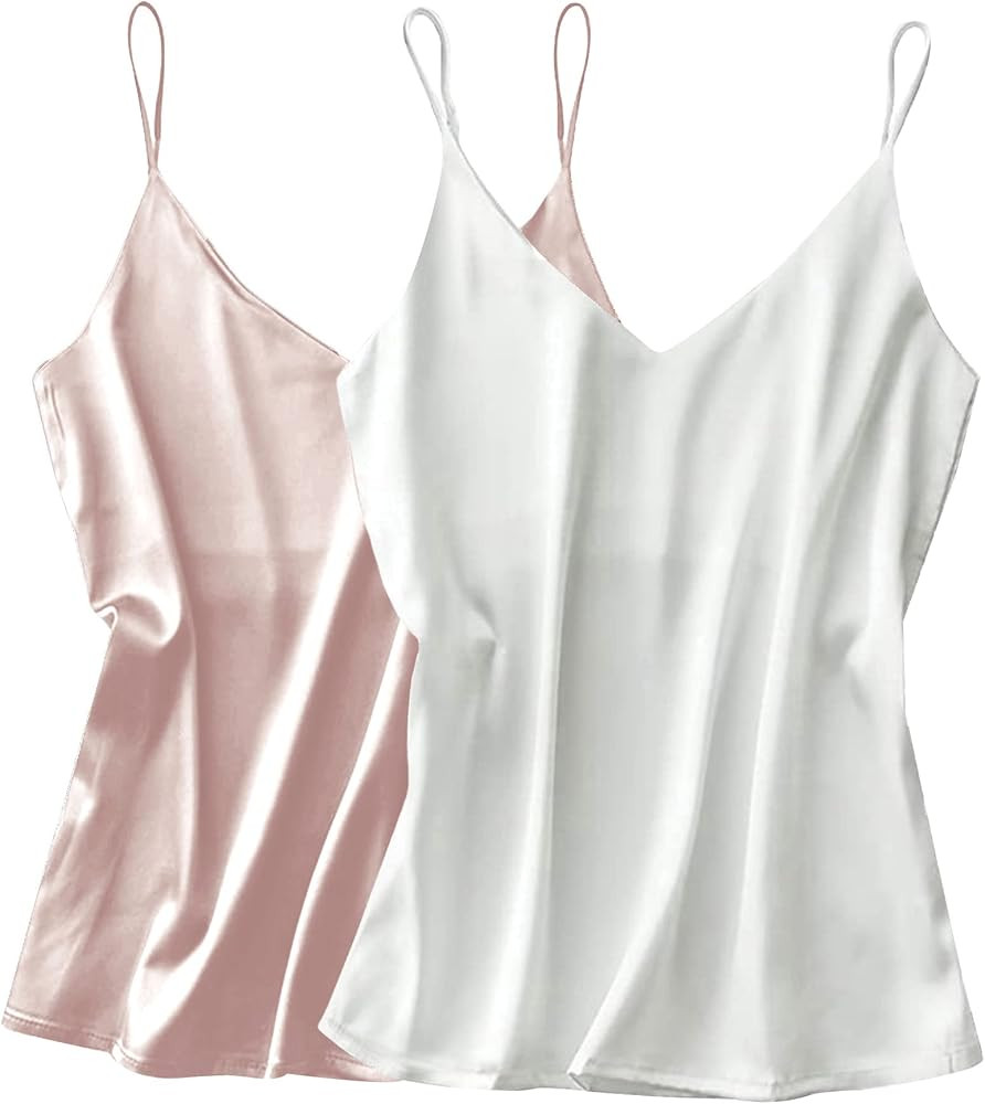 Ekouaer Womens Silk Satin Tank Top V Neck Camisole Cami Spaghetti Strap Top Loose Sleeveless Blouses | Amazon (US)