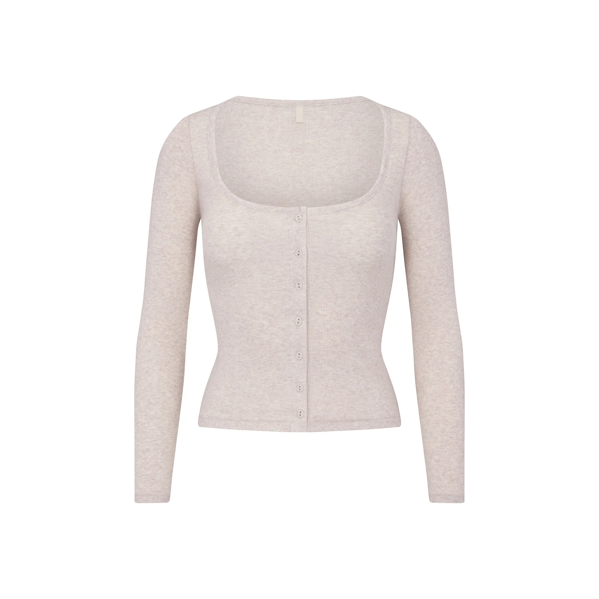 COTTON RIB LONG SLEEVE BUTTON UP | HEATHER OATMEAL | SKIMS (US)