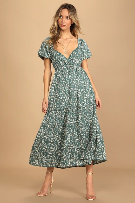 Always In Love Teal Floral Print Puff Sleeve Midi Dress | Lulus (US)