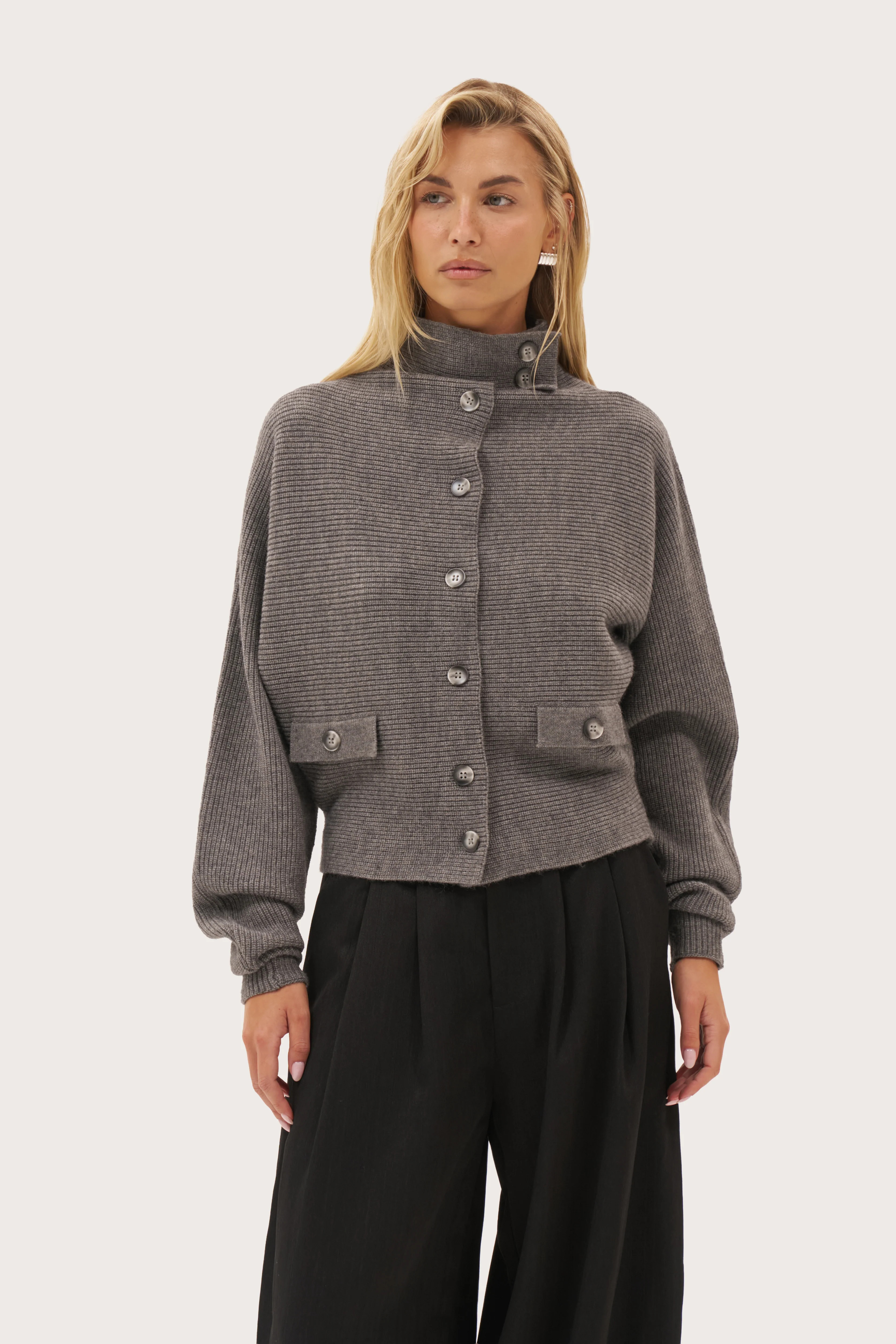 Maebe Stand Collar Knitted Jacket - Dark Grey | Maebe UK