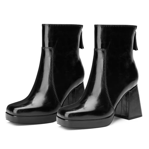 Trary Women's Platform Boots Chunky High Heels Ankle Boots Square Toe Comfort Booties Shoes for Women 2023 with Back Zipper, Black, 9 | Amazon (US)