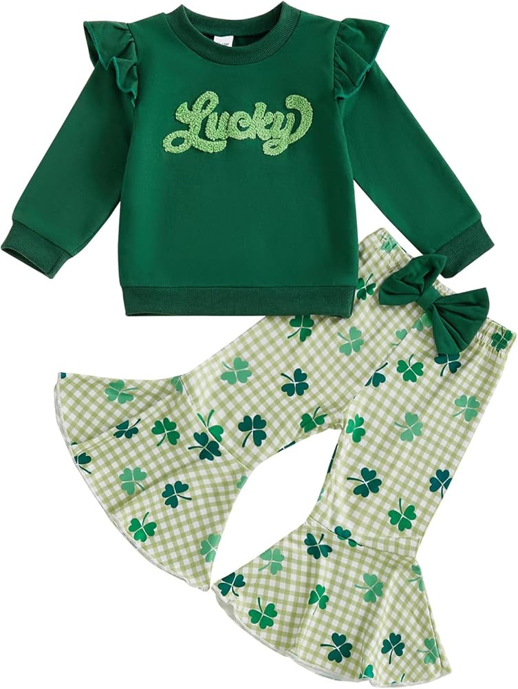 Toddler Baby Girl St Patricks Day Outfit Letter Clover Long Sleeve Sweatshirt Bell Bottom Pants I... | Amazon (US)