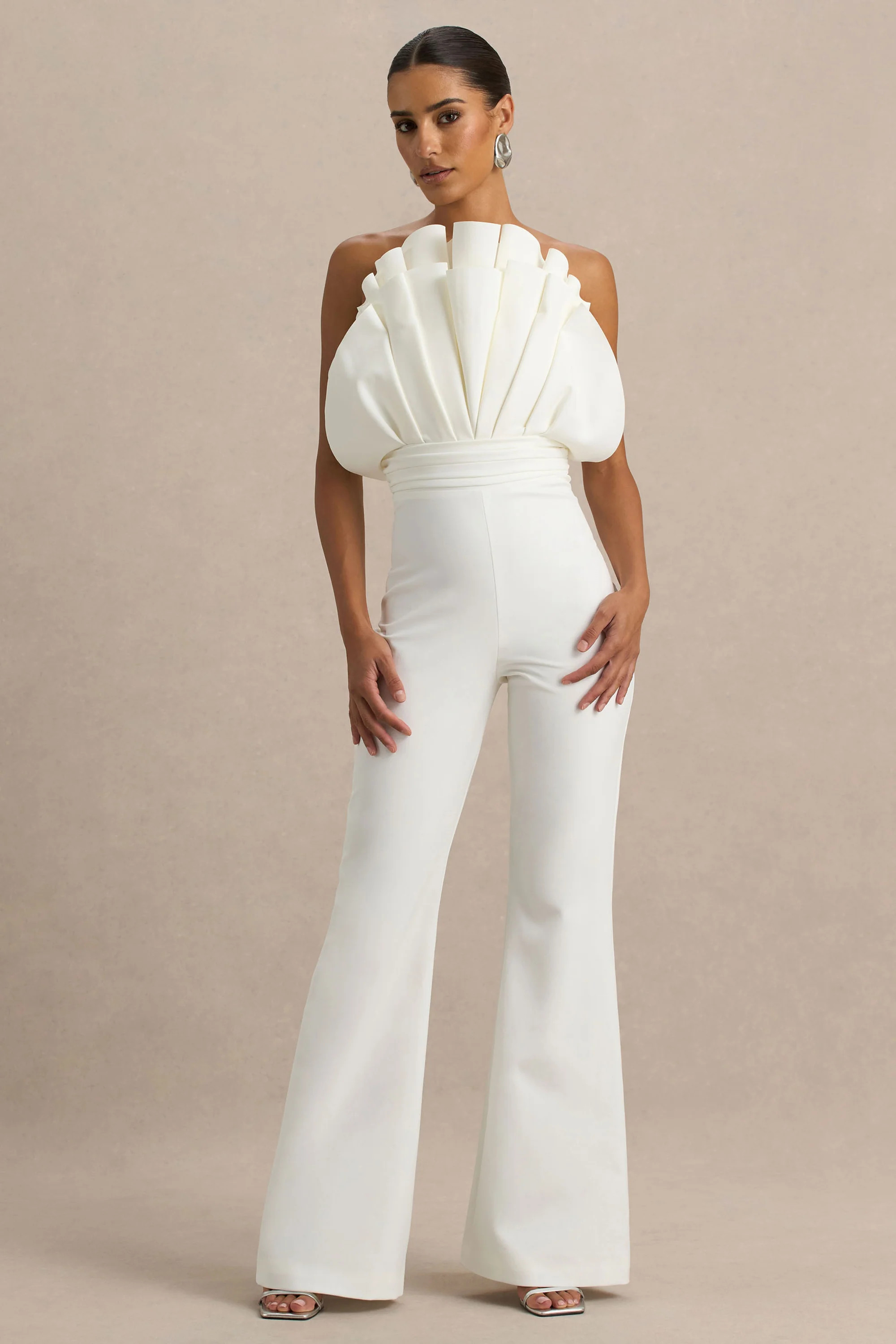 Riga | White Ruffled Asymmetric Jumpsuit | Club L London