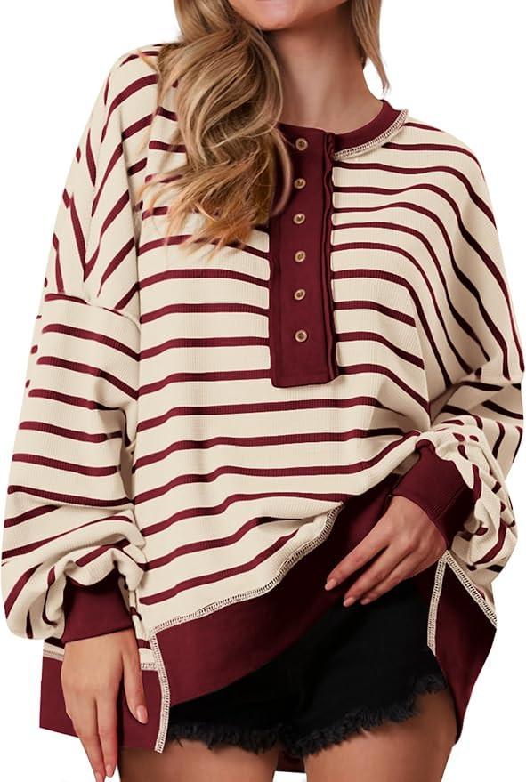 PRETTYGARDEN Womens Fall 2025 Striped Oversized Sweatshirt Long Sleeve Button Up Henley Neck Waff... | Amazon (US)