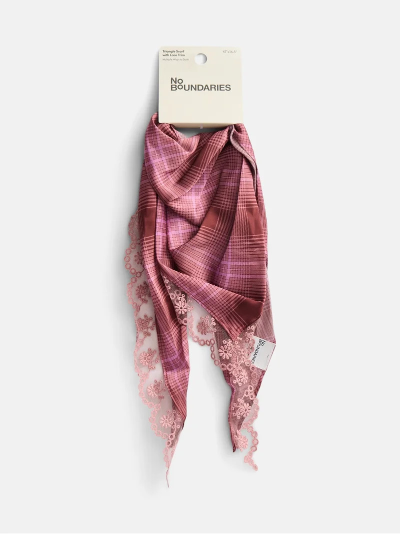 No Boundaries Women's Triangle Scarf with Lace Trim, Pink Plaid | Walmart (US)