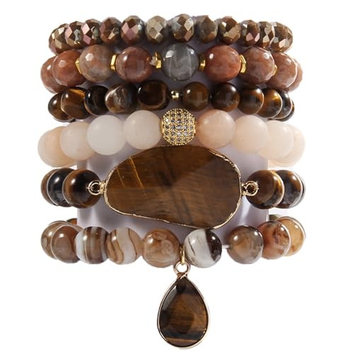 Yomisa 6PCS Natural Boho Beaded Bracelets for Women Men,Healing Tiger eyes Jasper Agate Crystal Gemstone Stone Diamond Chakra Multilayer Wrap Bohemian Handmade Bling Jewelry Beads Stretch Bracelet Set | Amazon (US)