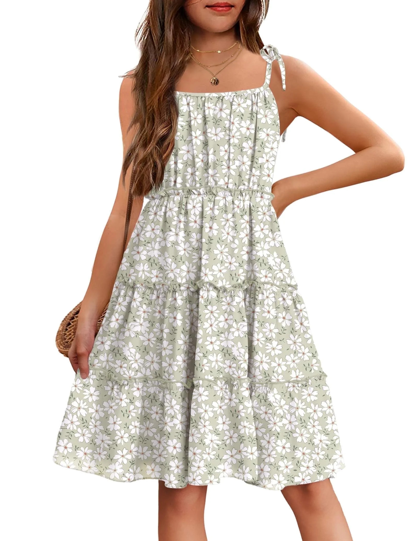 Arshiner Girls' Summer Sundress Floral Boho Spaghetti Strap Ruffled Tiered Midi Dresses Casual Ca... | Walmart (US)