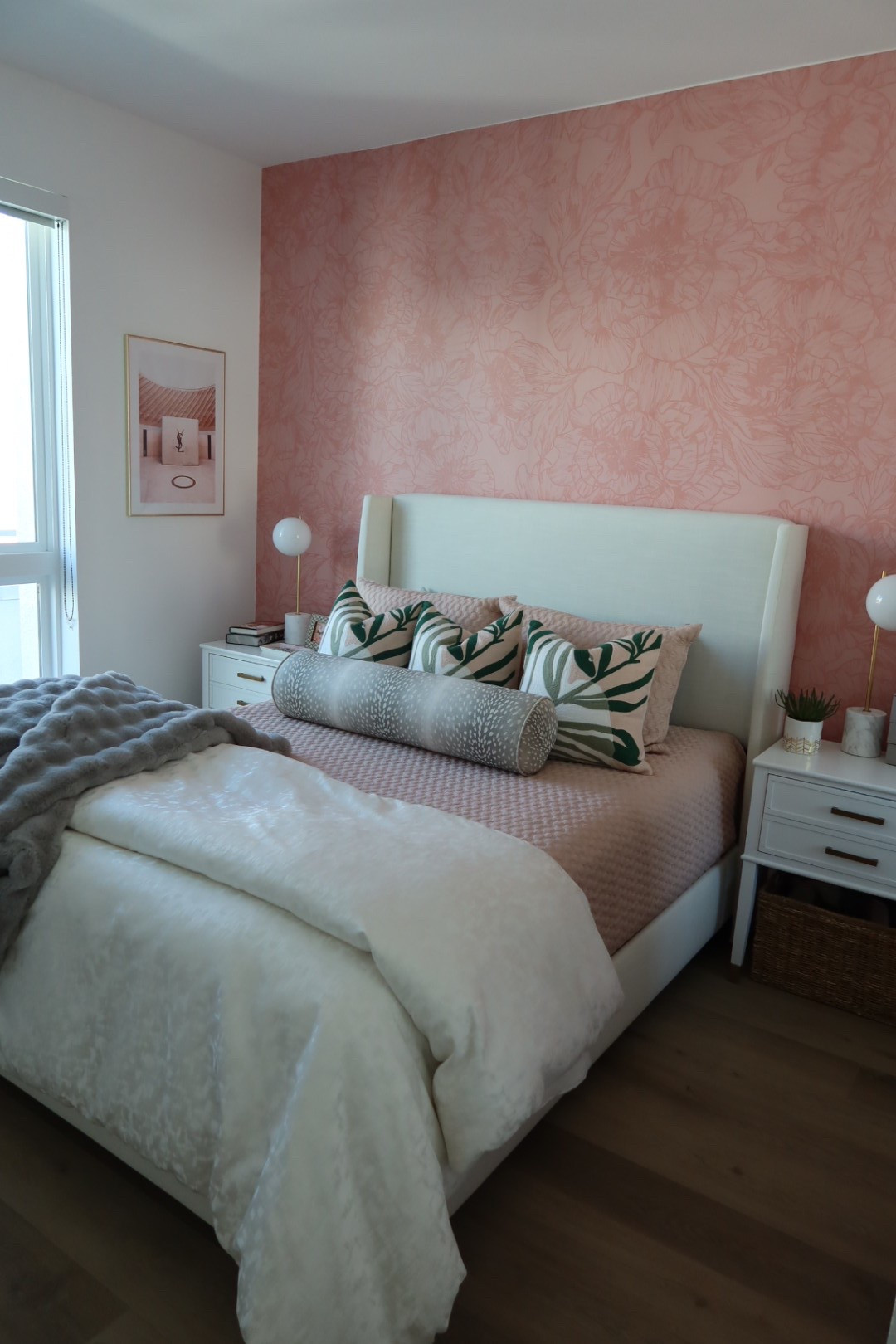 Orange County bedroom reveal 💕 Bed frame, lamps and west elm bedding is ON SALE. Pillows are West Elm but sold out.. linking similar for all the green and pink vibes💅 Wall paper is wall blush - “The Dutchess” my favorite.

#LTKSaleAlert #LTKFindsUnder100 #LTKHome
