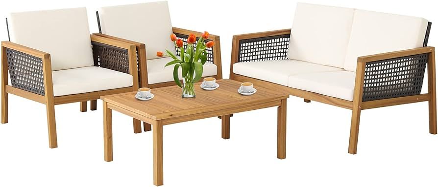 4 Pieces Outdoor Acacia Wood Furniture Set, PE Wicker Conversation Set with Coffee Table and Soft... | Amazon (US)