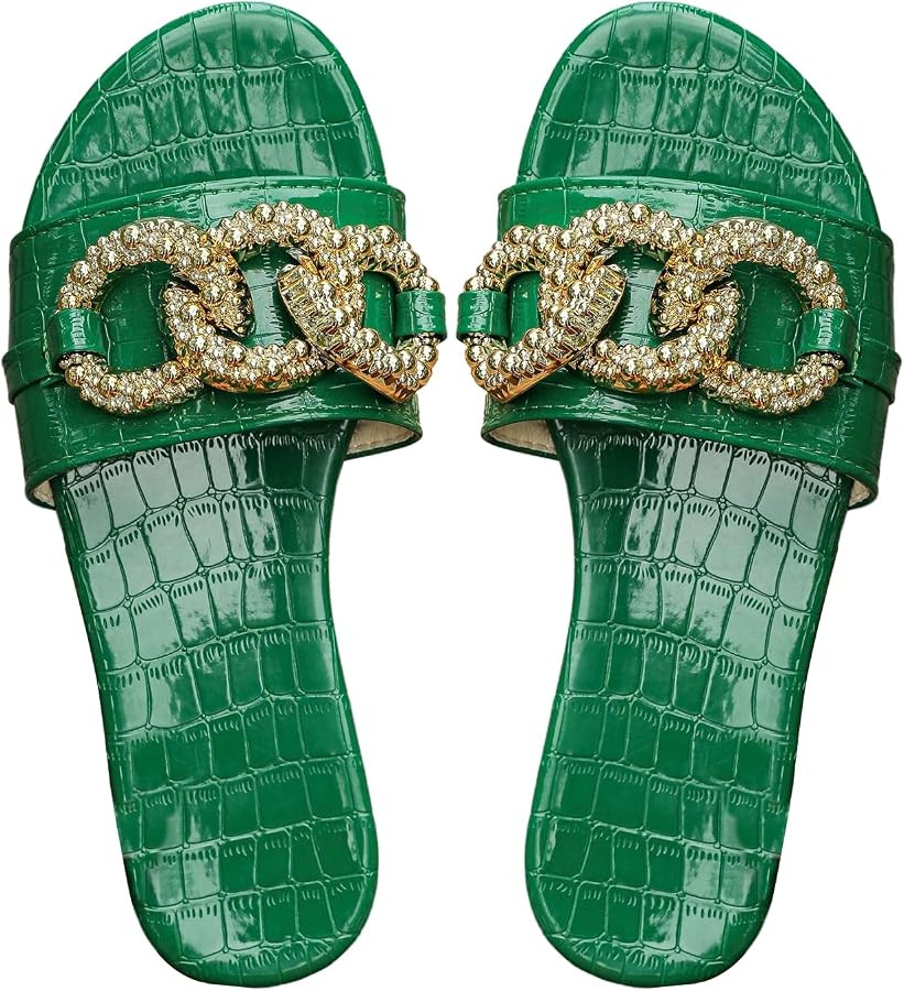 OYOANGLE Women's Gold Chain Crocodile Embossed Sandals Dressy Metallic Flats Open Toe Slides | Amazon (US)