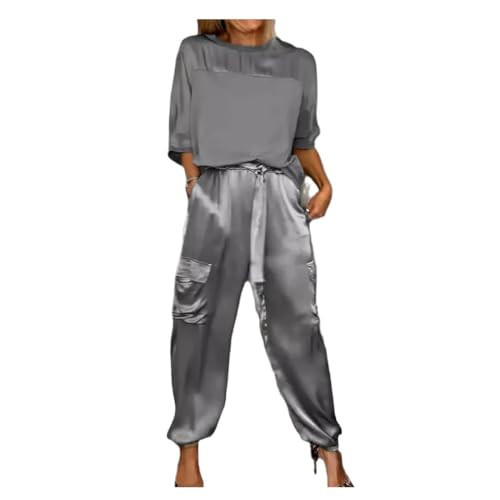 Women's Smooth Satin Half-Sleeve Top and Pants Set,Round Neck Shirt and Long Pants Loungewear,Jogger Lounge Set (Gray, S) | Amazon (US)