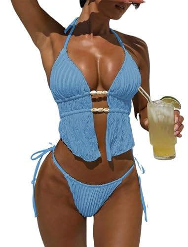 ZAFUL Halter Bikini Sets for Women Textured Backless Two Piece Swimsuit Cheeky High Cut String Tie Side Bathing Suits 0-Baby Blue M | Amazon (US)