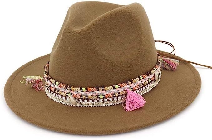 Women's Felt Fedora Hat Wide Brim Panama Hats with Tassel | Amazon (US)
