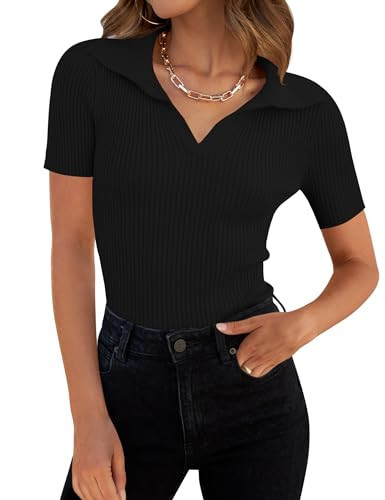 ZESICA Women's Short Sleeve V Neck T Shirts 2025 Summer Ribbed Knit Slim Fitted Basic Solid Color Tee Tops,Black,Small | Amazon (US)