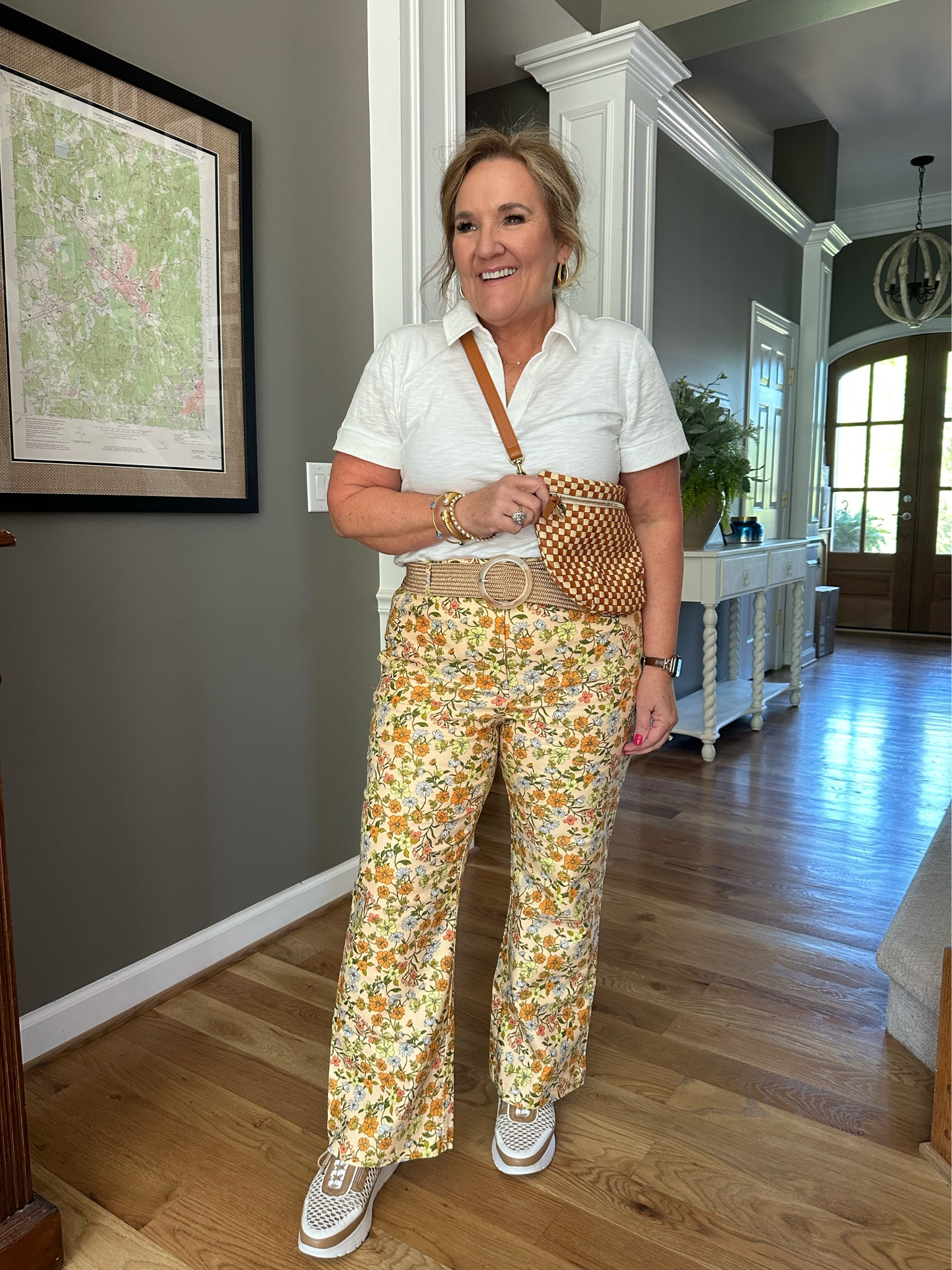 These pants are a lightweight denim kick flare. Not a bright floral. Wearing a 12 reg. 
My purse is back! Love this size bag by ClareV. Excellent leather quality. 
Size large in the top. 
Shoes are Uber comfortable. Tts. 

Spring outfits casual style teacher outfit 

#LTKitbag #LTKfindsunder100 #LTKover40