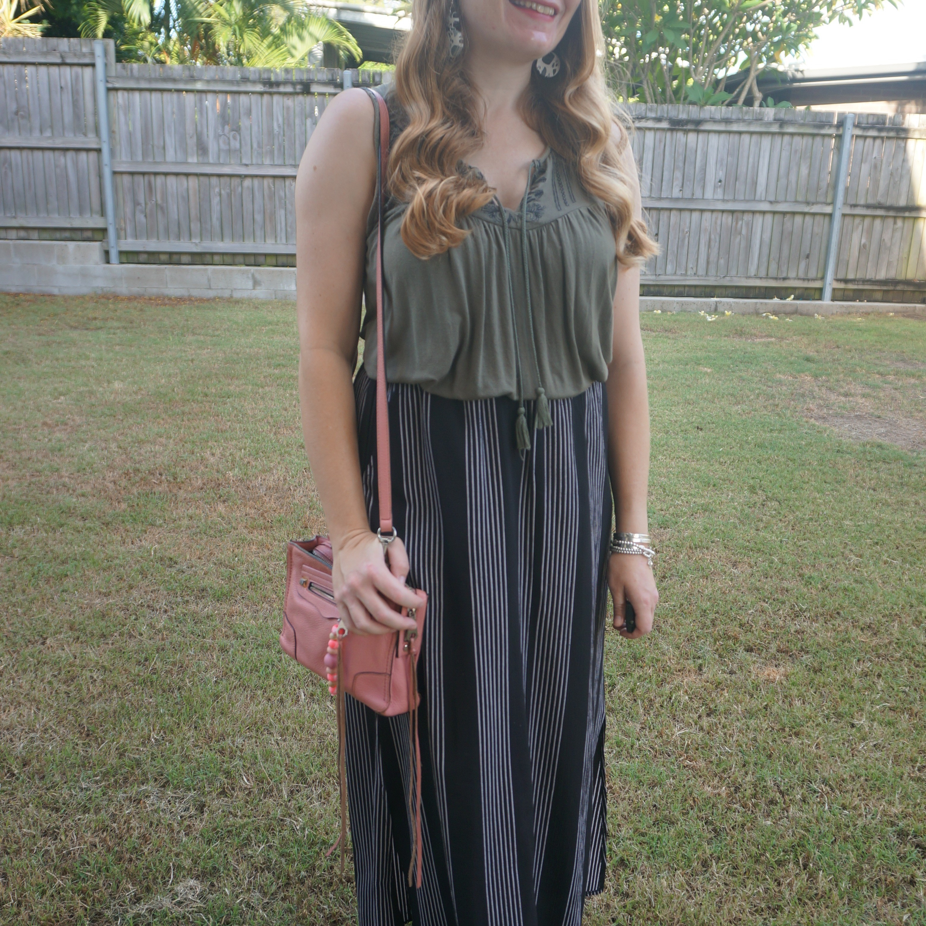 Olive green embroidered tank with vertical striped maxi skirt and pink Rebecca Minkoff micro Regan bag 💚

#LTKbag #LTKaustralia #LTKsummer