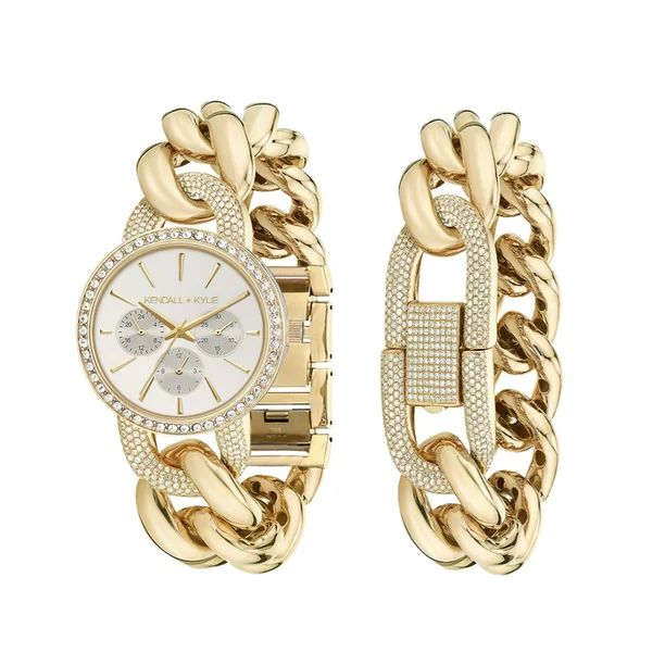 Kendall + Kylie: Large Open-Link Gold Toned Metal Chronograph Analog Watch and Bracelet Set - Wal... | Walmart (US)