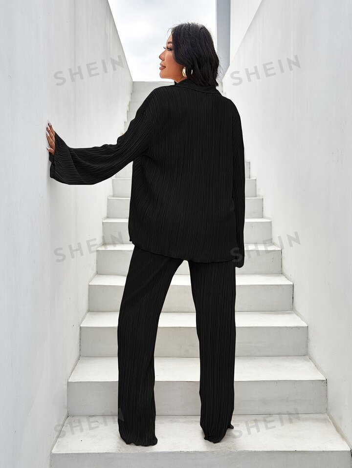 SHEIN SXY Button Front Lettuce Trim Shirt & Flare Leg Pants With Bra | SHEIN