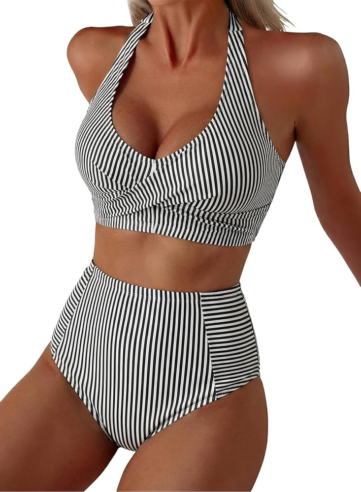 Herseas Women's High Waisted 2 Piece Bikini Sets Halter Patch Pocket Swimsuits Striped Bathing Su... | Amazon (US)