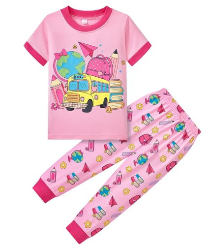 Popshion Girls Back to School Outfit Pencil School Bus Print Children's Back to School Fashion Set Kids First Day of School Outfits Pink 10 Years | Amazon (US)
