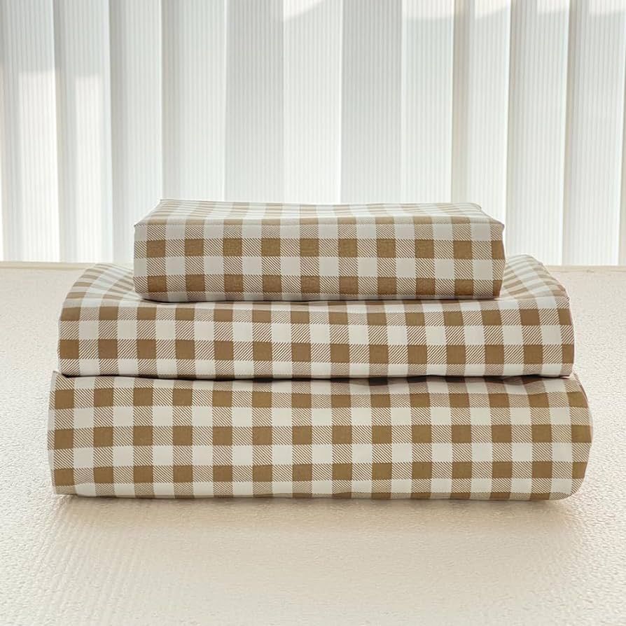 Tan Gingham Twin Sheet Set, Soft Brushed Microfiber Taupe Plaid Twin Bed Sheets, 3-Pieces Brown K... | Amazon (US)