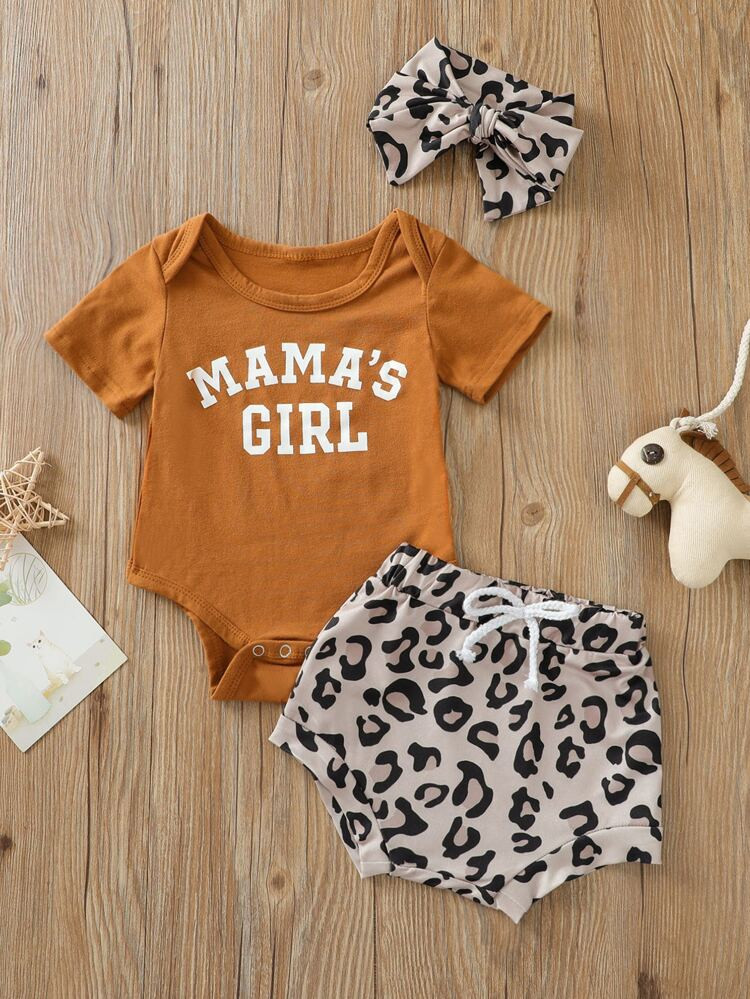 Baby Girl Slogan Graphic Bodysuit & Leopard Shorts & Headband | SHEIN