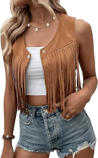 SweatyRocks Women's Suede Fringe Trim Sleeveless Crop Vest Jacket Button Front Coat | Amazon (US)