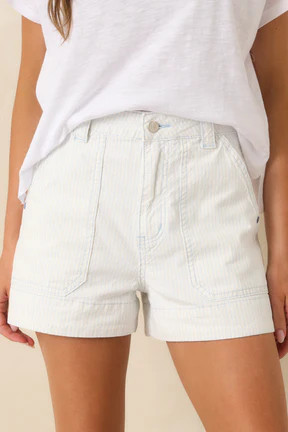 FRNCH Naia Ivory & Sky Blue Stripe Cotton Shorts | Red Dress