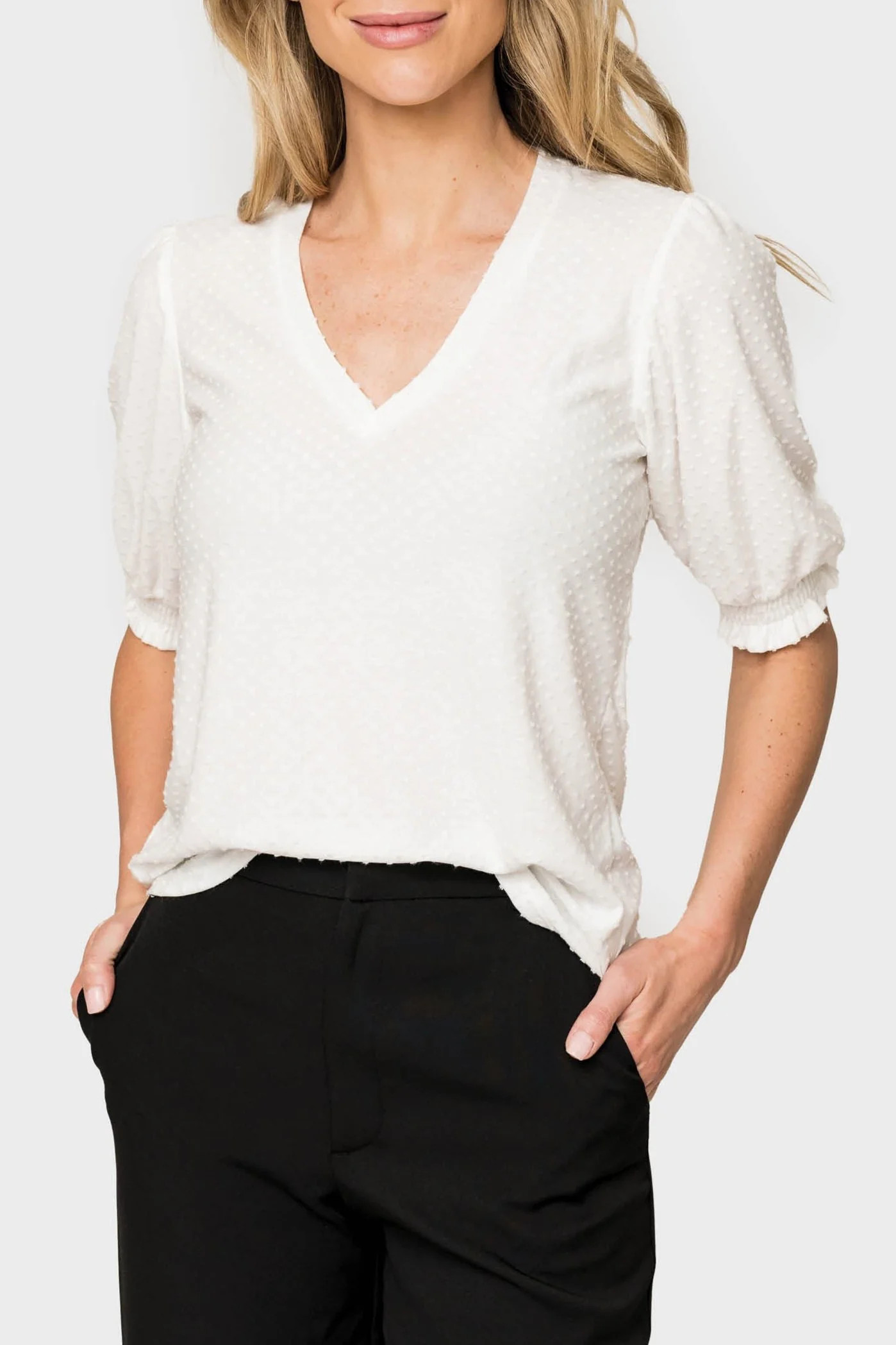 Clip Dot Elbow Puff Sleeve V-Neck | Gibson