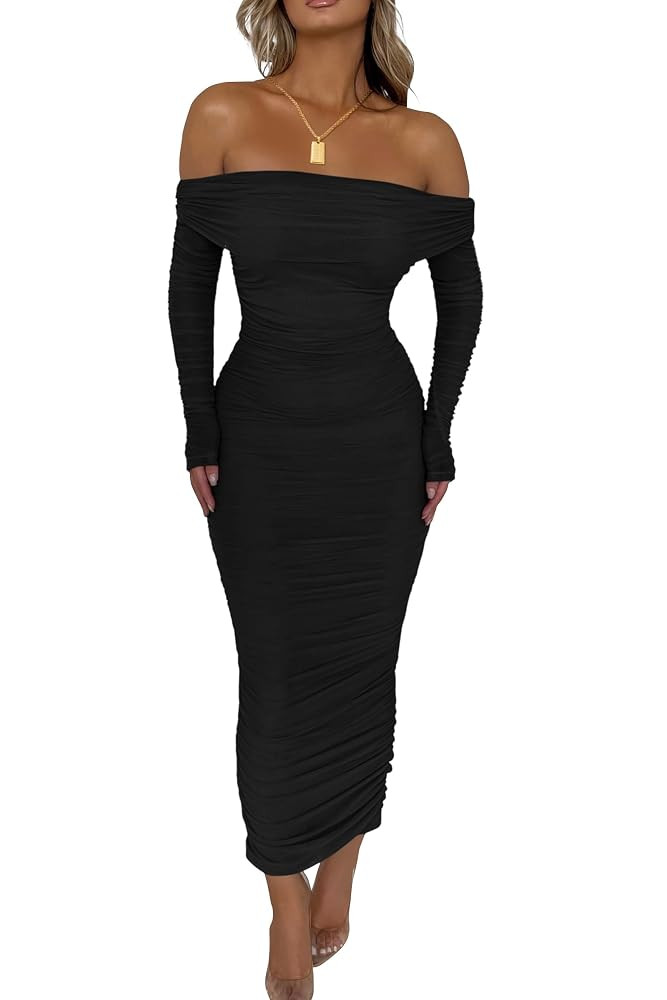 PRETTYGARDEN Women's Fall Off The Shoulder Maxi Dress Spring Long Sleeve Ruched Fitted Bodycon Cl... | Amazon (US)