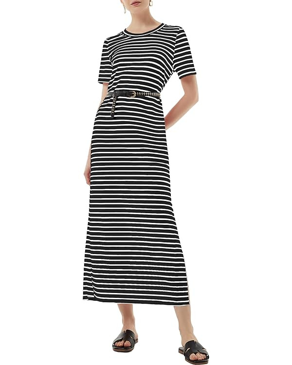 Women's Short Sleeve Double Split Maxi Dress 2025 Summer Casual Plain Striped Loose Long T Shirt ... | Amazon (US)