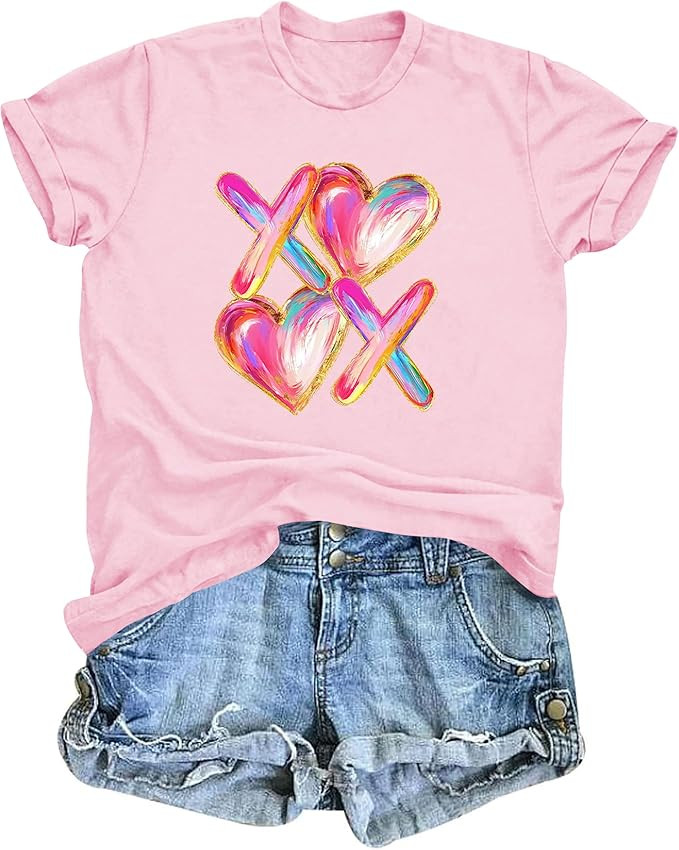 YZMI Valentines Shirts for Women Cute Love Heart Shirt Valentines Gift Short Sleeve Tee Tops | Amazon (US)