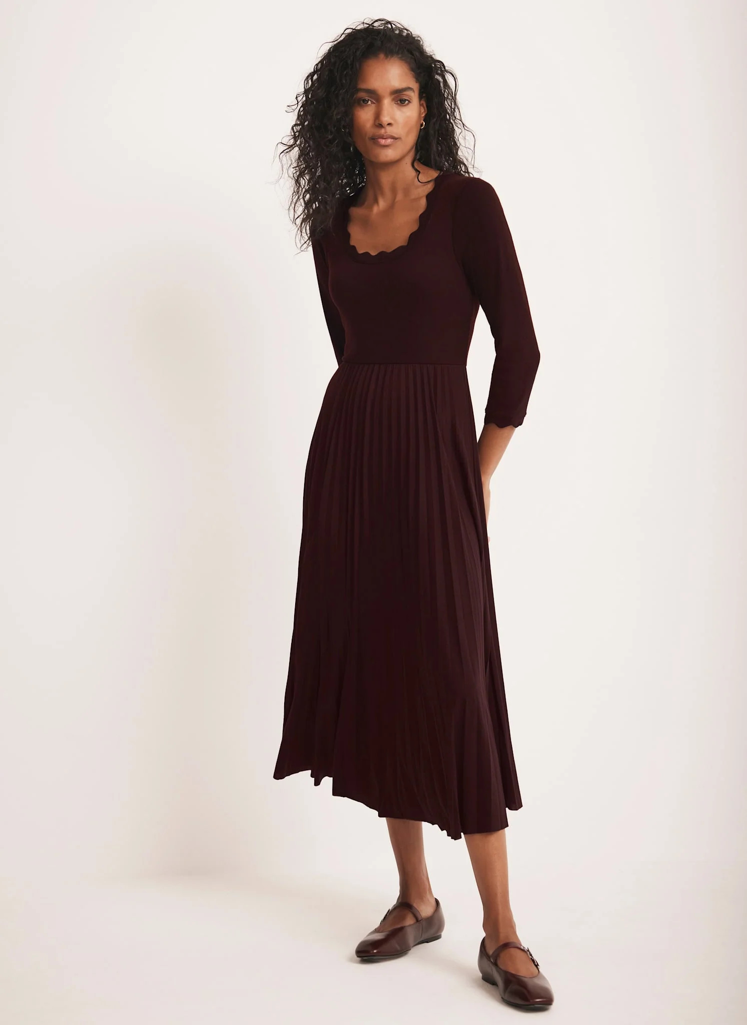 Burgundy Scallop Trim Midi Dress | Mint Velvet