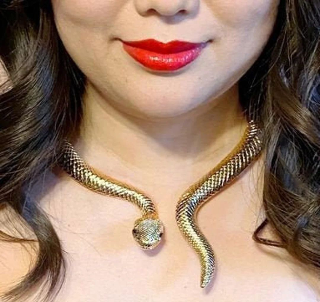 Goldtone Snake Serpent Oversize Statement Halloween Costume Necklace Choker Collar Necklace Jewel... | Etsy (US)