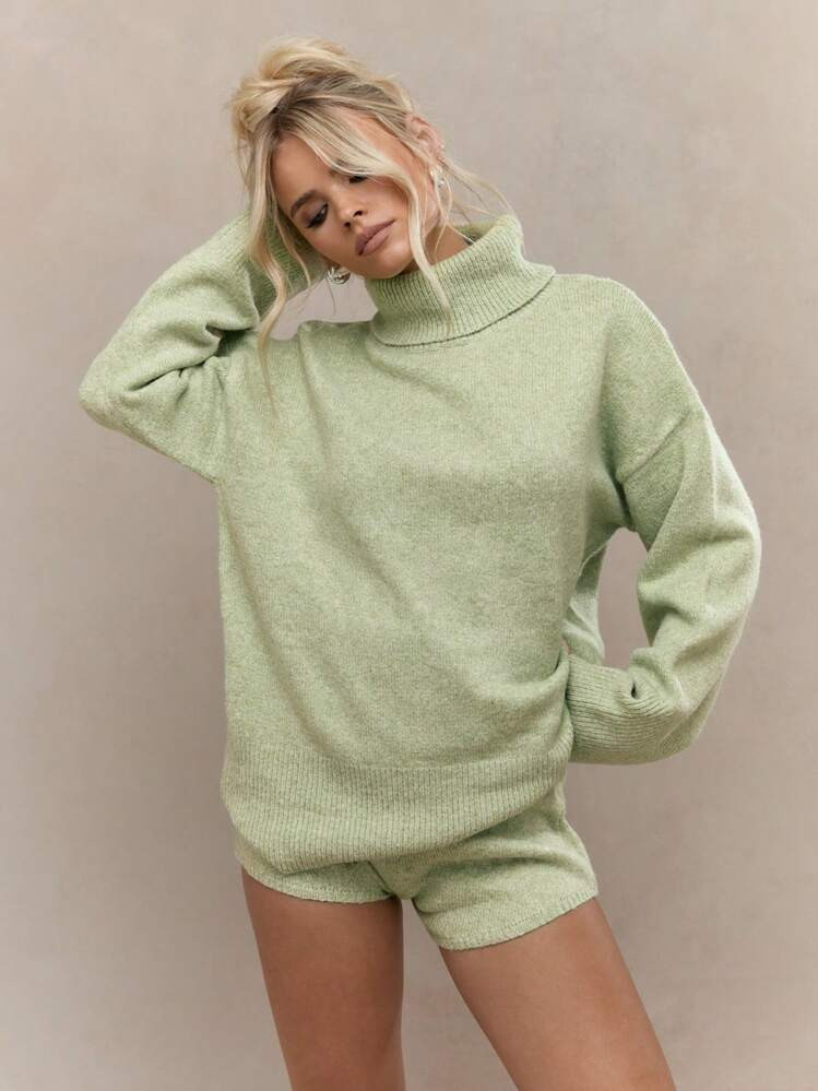 MISSGUIDED Woven Knit High Neck Long Sleeves Sweater And Shorts Two Piece Co-Ord Set | SHEIN