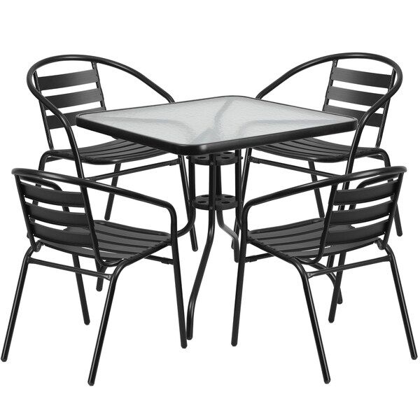 31.5-inch Square Glass Metal Table with 4 Metal Aluminum Slat Stack Chairs | Bed Bath & Beyond