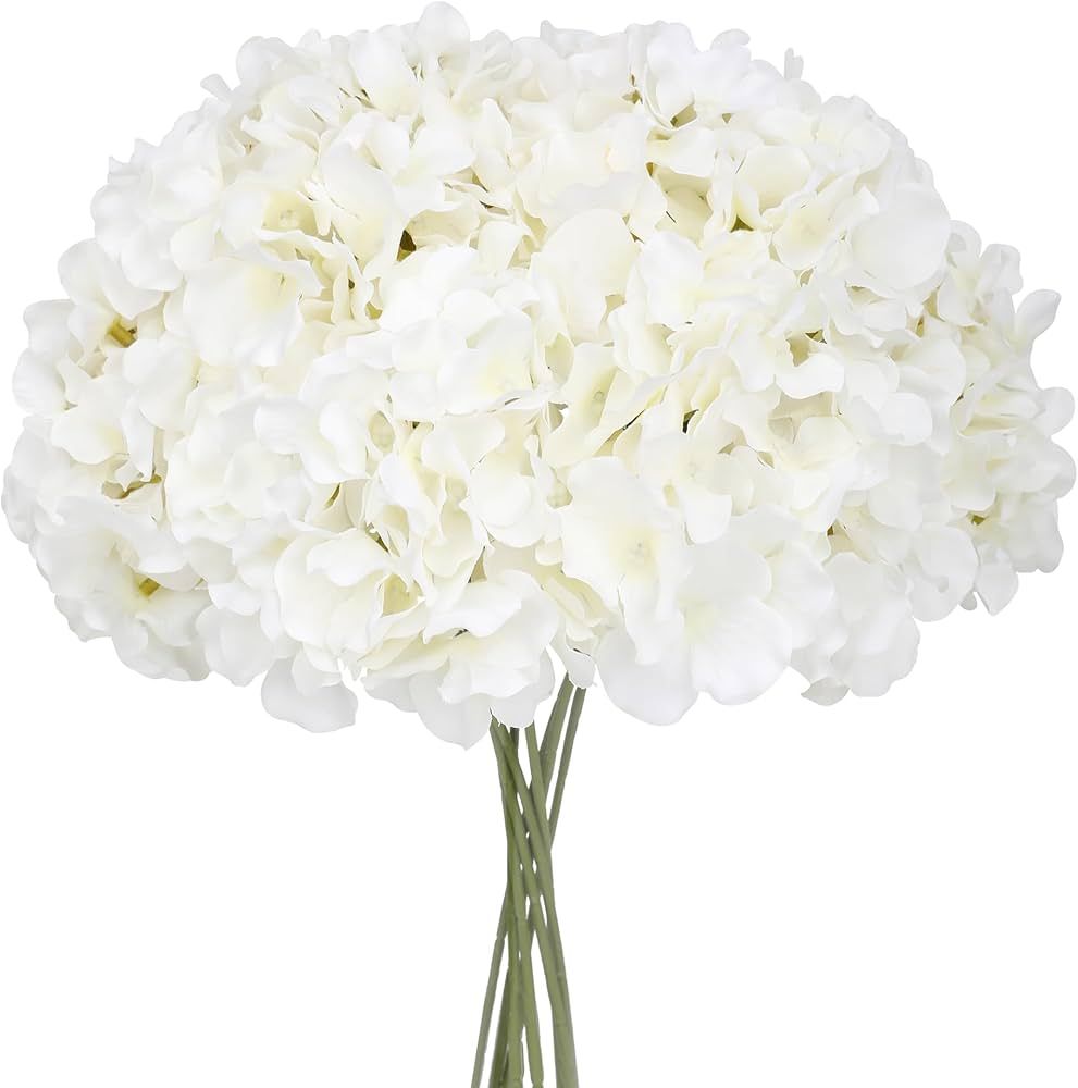 Fake White Hydrangea Artificial Flowers - Faux Silk Hydrangeas Flowers Heads with Stems Real Touc... | Amazon (US)