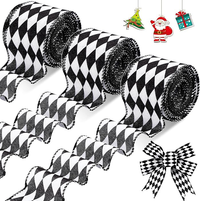 3 Rolls 30 Yard Black White Harlequin Ribbon Checkered Wired Ribbon Decorative for Xmas Fall Tree... | Amazon (US)