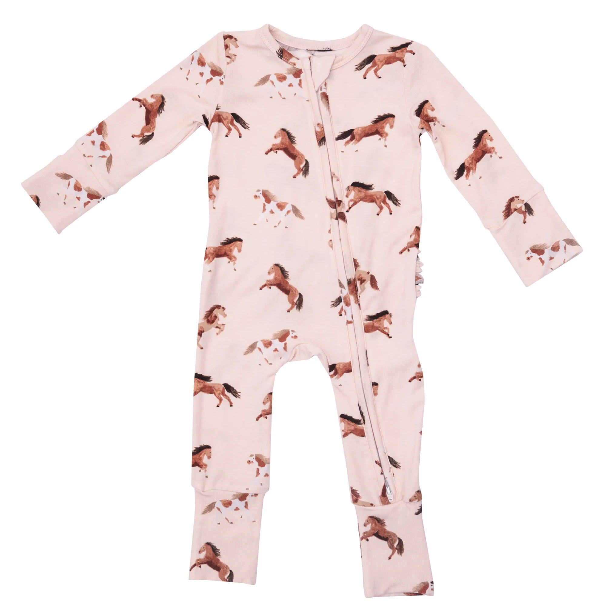 2 Way Zip Ruffle Back Romper, Horses Pink | SpearmintLOVE