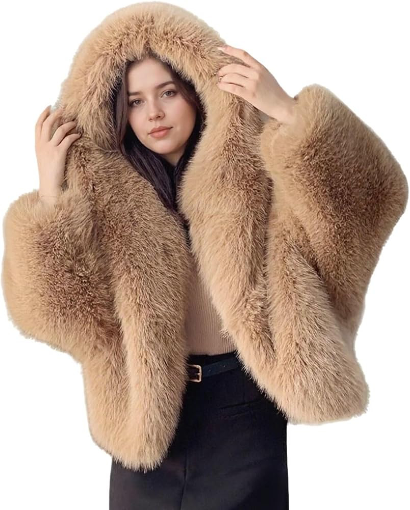 INVACHI Women's Faux Fur Coat Cropped Fur Jacket with Hood Luxurious Fuzzy Parka | Amazon (US)