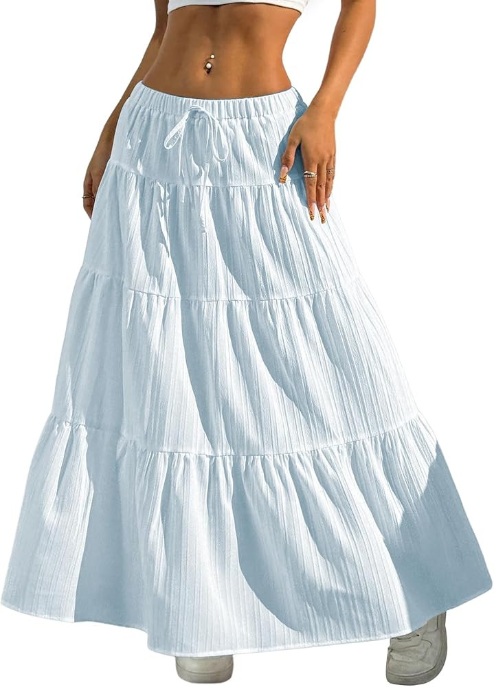 Verdusa Women's Long Maxi Skirt 2026 Boho Flowy Flared Ruffle Skirts Beach Vacation Spring Going ... | Amazon (US)