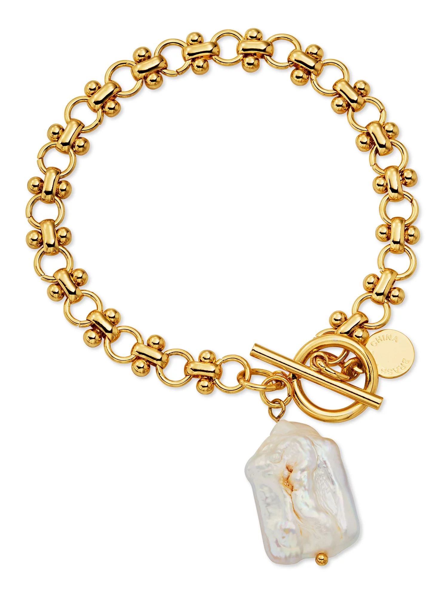 Scoop - Scoop Womens Brass Yellow Gold-Plated Imitation Pearl Link Toggle Bracelet, 7.5'' - Walma... | Walmart (US)