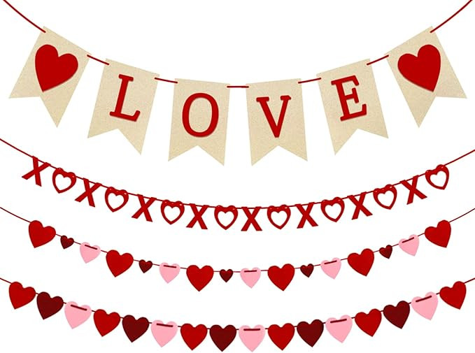4Pcs Valentines Day Decorations Valentines Day Decor Handmade Love Heart XO Garlands Banner for E... | Amazon (US)