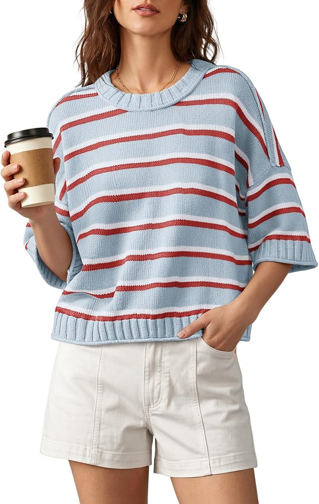 Nirovien Womens Short Sleeve Striped Sweater Crewneck Knitted Fall Sweaters | Amazon (US)
